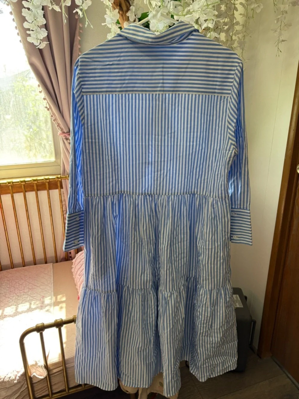Maye Jasmine Shirt Blue and White Striped Collared Tiered Midi Dress 100% Cotton - Picture 9 of 11